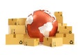Cardboard box shipping and worldwide delivery business concept, earth planet globe. 3d rendering. Elements of this image Royalty Free Stock Photo
