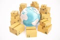 Cardboard box shipping and worldwide delivery business concept, earth planet globe. 3d rendering. Elements of this image Royalty Free Stock Photo