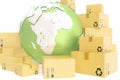 Cardboard box shipping and worldwide delivery business concept, earth planet globe. 3d rendering. Elements of this image Royalty Free Stock Photo