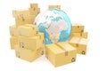 Cardboard box shipping and worldwide delivery business concept, earth planet globe. 3d rendering. Elements of this image Royalty Free Stock Photo