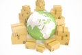 Cardboard box shipping and worldwide delivery business concept, earth planet globe. 3d rendering. Elements of this image Royalty Free Stock Photo