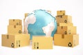 Cardboard box shipping and worldwide delivery business concept, earth planet globe. 3d rendering. Elements of this image Royalty Free Stock Photo