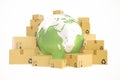 Cardboard box shipping and worldwide delivery business concept, earth planet globe. 3d rendering. Elements of this image Royalty Free Stock Photo