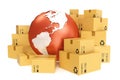 Cardboard box shipping and worldwide delivery business concept, earth planet globe. 3d rendering. Elements of this image Royalty Free Stock Photo