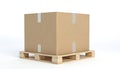 Cardboard box sits on wooden pallet. Pallet five sections, light brown color. Box rectangular, light brown hue, matches pallet. Royalty Free Stock Photo