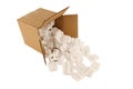 Cardboard box with spilled packing peanuts Royalty Free Stock Photo