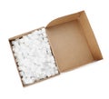 Cardboard box with styrofoam cubes isolated on white, top view Royalty Free Stock Photo