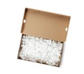 Cardboard box with styrofoam cubes isolated on white, top view Royalty Free Stock Photo