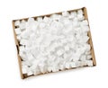 Cardboard box with styrofoam cubes isolated on white, top view Royalty Free Stock Photo