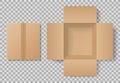 Cardboard box top view for delivery. Open and closed carton package mockup for gift. Empty realistic brown container with inside