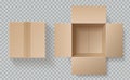 Cardboard box top view. Open closed boxes inside and top, brown pack mockup, delivery service realistic empty carton