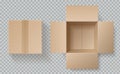 Cardboard box top view. Open closed boxes inside and top, brown pack mockup, delivery service realistic empty carton Royalty Free Stock Photo