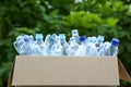 Cardboard box with used plastic bottles outdoors. Recycle concept Royalty Free Stock Photo