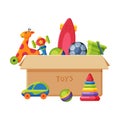 Cardboard Box with Various Colorful Toys, Plastic Container with Scateboard, Giraffe, Pyramid, Ball, Giraffe on Wheels