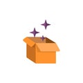 Cardboard box vector flat icon with magical sparkles around it. Halloween, birthday vector icon isolated on white Royalty Free Stock Photo