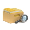 Cardboard box with yellow folders and search glass 3D Royalty Free Stock Photo