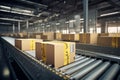 Cardboard Boxed Packages on a Belt Driven Line Roller Conveyor in a Warehouse With Shiny New Line Rollers, E-Commerce Fulfillment