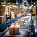 Cardboard Boxed Packages on a Belt Driven Line Roller Conveyor in a Warehouse With Shiny New Line Rollers, E-Commerce Fulfillment