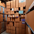 cardboard boxes abound in the inventory in the contemporary warehouse storage of the retail store.