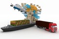 Cardboard boxes around globe, cargo ship, truck and plane