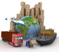 Cardboard boxes around globe, cargo ship, truck and plane.