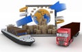 Cardboard boxes around the globe on a laptop screen, a cargo ship and truck Royalty Free Stock Photo