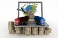 Cardboard boxes around globe on laptop screen, plane and two trucks Royalty Free Stock Photo