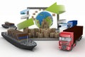 Cardboard boxes around the globe on a laptop screen, two cargo ships and two trucks Royalty Free Stock Photo