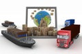 Cardboard boxes around the globe on a laptop screen, two cargo ships and two trucks Royalty Free Stock Photo