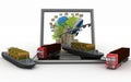 Cardboard boxes around the globe on a laptop screen, two cargo ships and two trucks Royalty Free Stock Photo