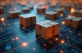 Cardboard boxes arranged on digital circuit board, glowing lights represent global network. Logistics concept, worldwide cargo Royalty Free Stock Photo