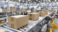 Cardboard boxes on automated conveyor belt in modern warehouse facility Royalty Free Stock Photo