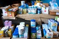 Cardboard boxes with baby food. Humanitarian aid for refugees in Ukraine