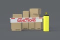 Cardboard boxes and barrier with word sanctions. Delivery ban. Cargo restriction