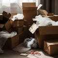Stack of cardboard boxes and bubble wrap for moving or shipping in a home environment Royalty Free Stock Photo