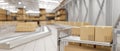 Cardboard boxes on a cart in a modern distribution warehouse. Cargo freight transportation industry