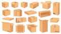 Cardboard boxes. Cartoon brown carton package. Open and closed delivery rectangle box with fragile signs. Vector shipping and Royalty Free Stock Photo