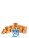 Cardboard boxes and clock on white background. Limited supply, shortage of goods in stock, hype and consumer fever.