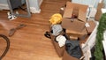 Cardboard boxes with clothes, shoes on the floor things and stuff for moving