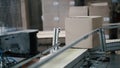 Cardboard boxes on conveyor belt in factory. Clip. Production line on which the boxes move Royalty Free Stock Photo