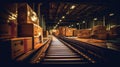 Cardboard boxes on a conveyor belt in factory. Large warehouse. Generative AI Royalty Free Stock Photo