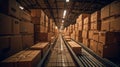 Cardboard boxes on a conveyor belt in factory. Large warehouse. Generative AI Royalty Free Stock Photo