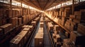 Cardboard boxes on a conveyor belt in factory. Large warehouse. Generative AI Royalty Free Stock Photo