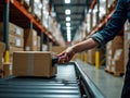 Cardboard Boxes on Conveyor Belt in Large Warehouse, Representing Logistics and E-commerce Royalty Free Stock Photo
