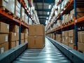 Cardboard Boxes on Conveyor Belt in Large Warehouse, Representing Logistics and E-commerce Royalty Free Stock Photo