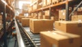 Cardboard boxes on a conveyor belt in a warehouse, symbolizing logistics, global trade, and the fast-paced evolution of modern Royalty Free Stock Photo