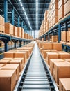 Cardboard boxes on conveyor belts and rows of boxes in a distribution warehouse