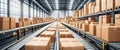 Cardboard boxes on conveyor belts and rows of boxes in a distribution warehouse