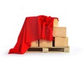 Cardboard boxes cover red fabric Royalty Free Stock Photo
