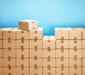 Cardboard boxes for delivery or moving. Stack of boxes and blue background